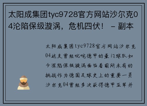 太阳成集团tyc9728官方网站沙尔克04沦陷保级漩涡，危机四伏！ - 副本