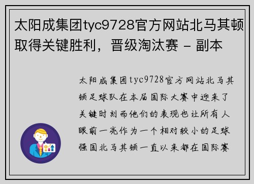 太阳成集团tyc9728官方网站北马其顿取得关键胜利，晋级淘汰赛 - 副本